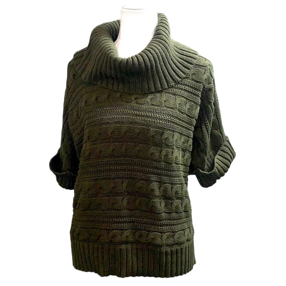 MICHAEL KORS: Green Cowl Neck Short Sleeve Cable Knit Sweater -size Medium